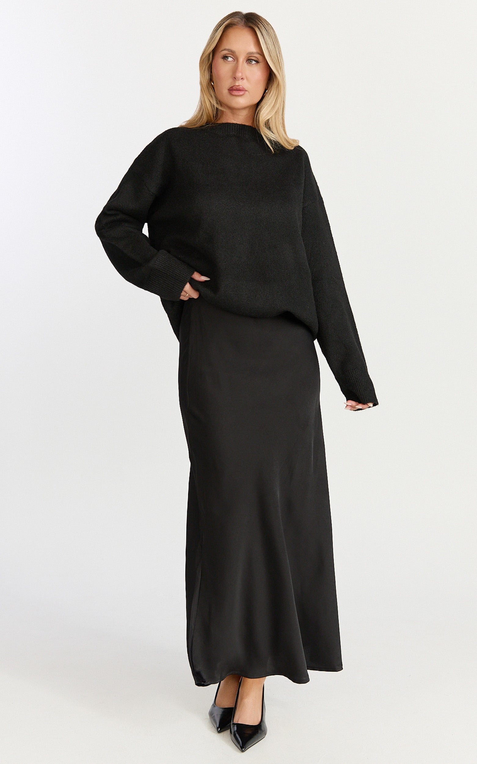 Amari Maxi Skirt - High Waisted Bias Cut Skirt in Black