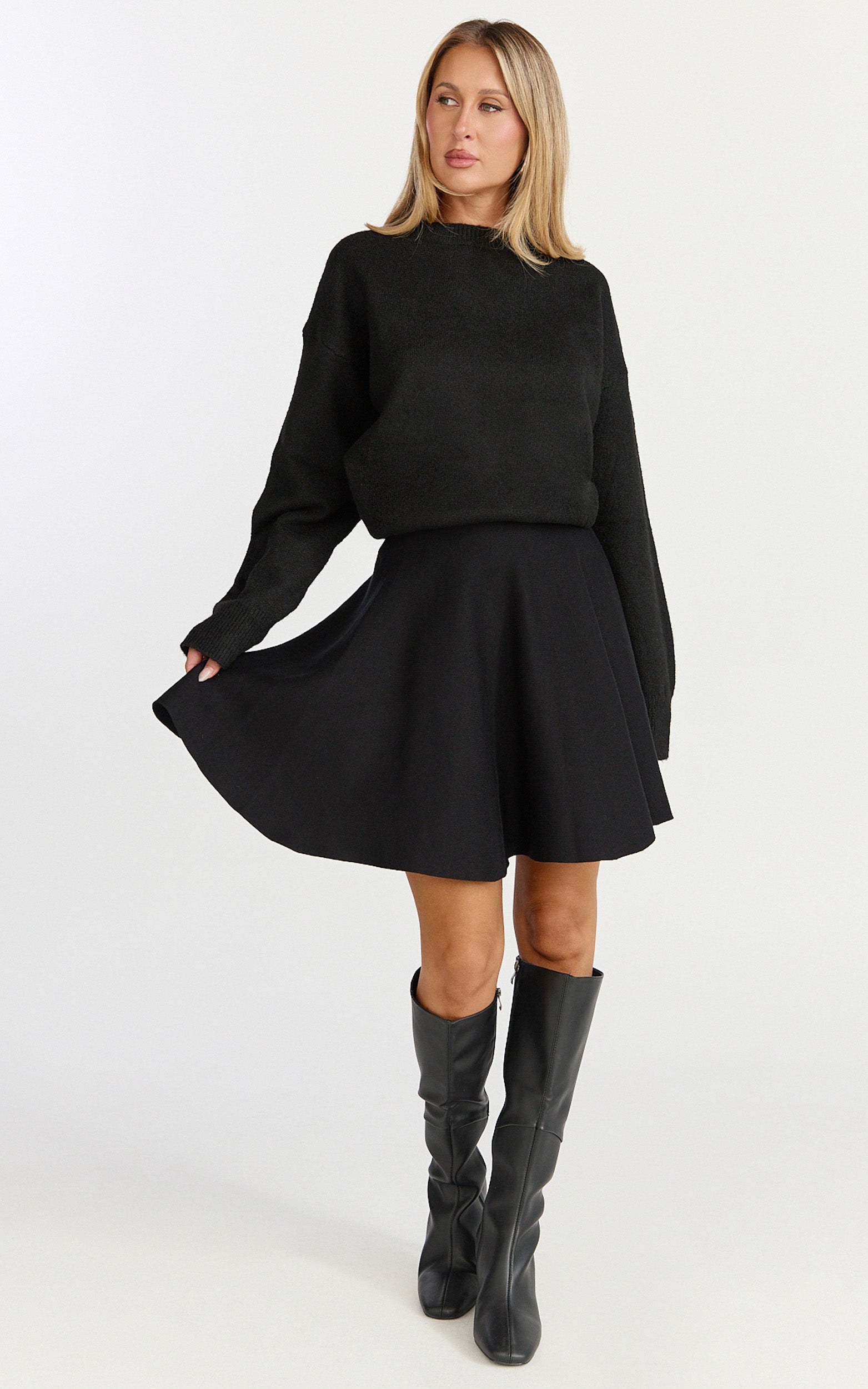 Farrah Mini Skirt - High Waisted A Line Skirt in Black
