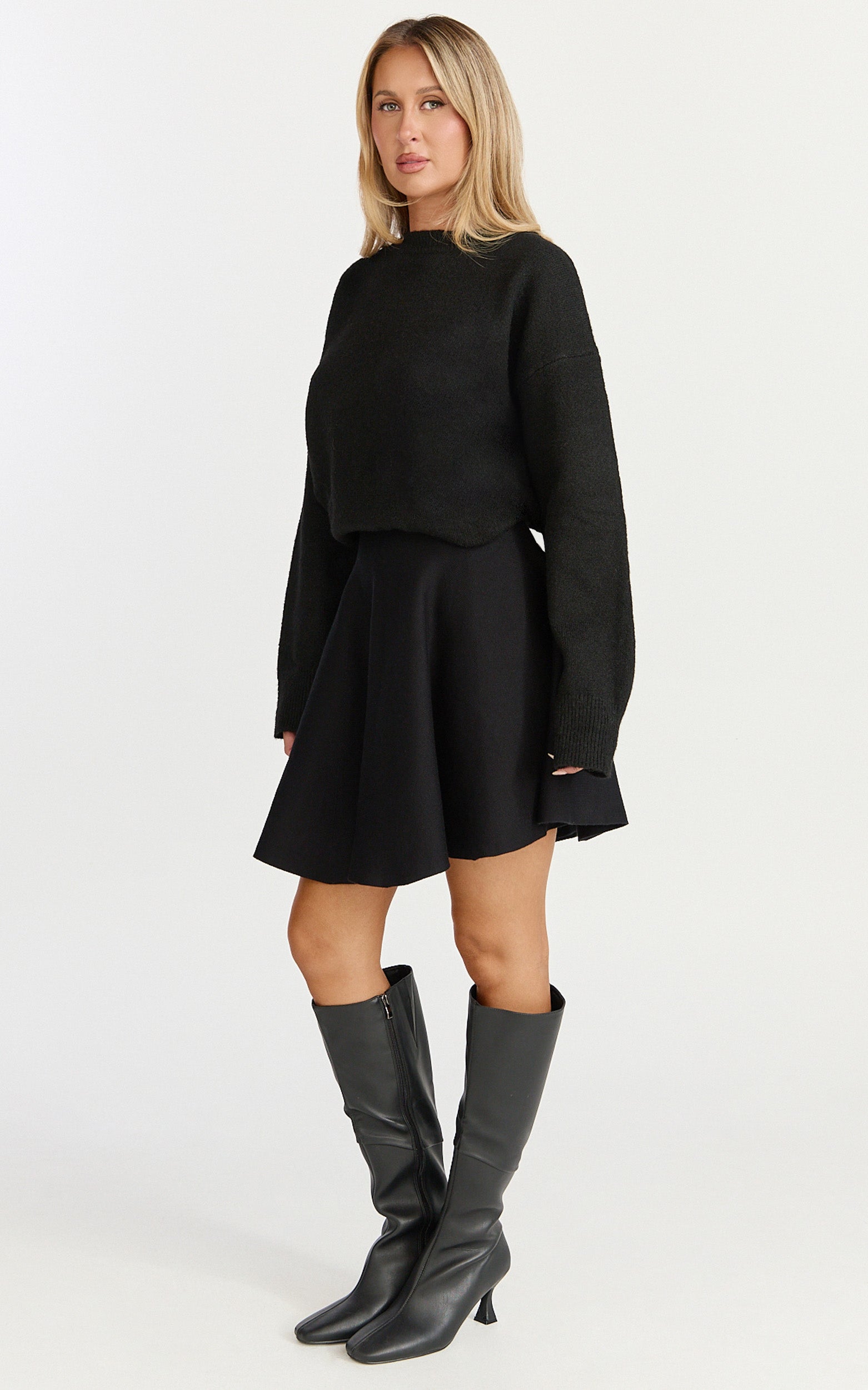 Farrah Mini Skirt - High Waisted A Line Skirt in Black