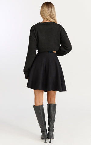 Farrah Mini Skirt - High Waisted A Line Skirt in Black