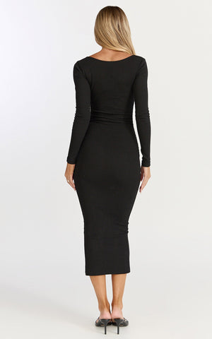Lucy Midi Dress - Ribbed Side Ruched Bodycon Dress in Black