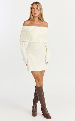 Erin Mini Dress - Cable Knit Off Shoulder Long Sleeve Dress in Cream