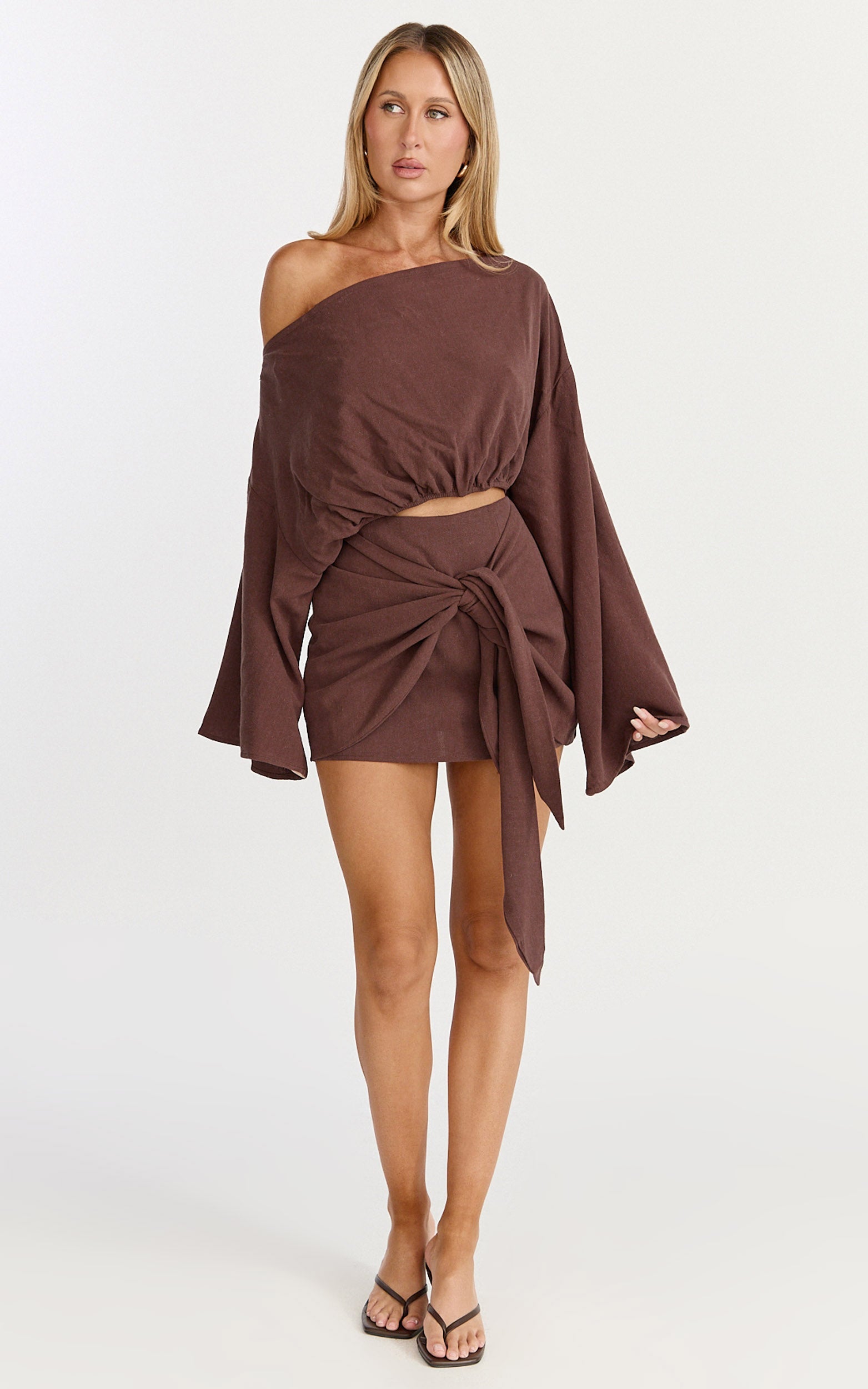 Elly Two Piece Top and Skirt Set - Asym Long Sleeve Top and Wrap Mini Skirt Set in Chocolate