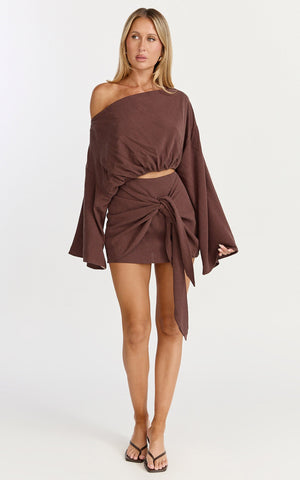 Elly Two Piece Top and Skirt Set - Asym Long Sleeve Top and Wrap Mini Skirt Set in Chocolate