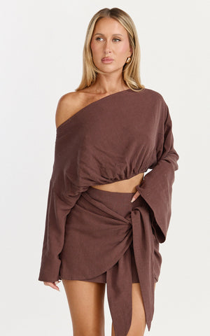 Elly Two Piece Top and Skirt Set - Asym Long Sleeve Top and Wrap Mini Skirt Set in Chocolate