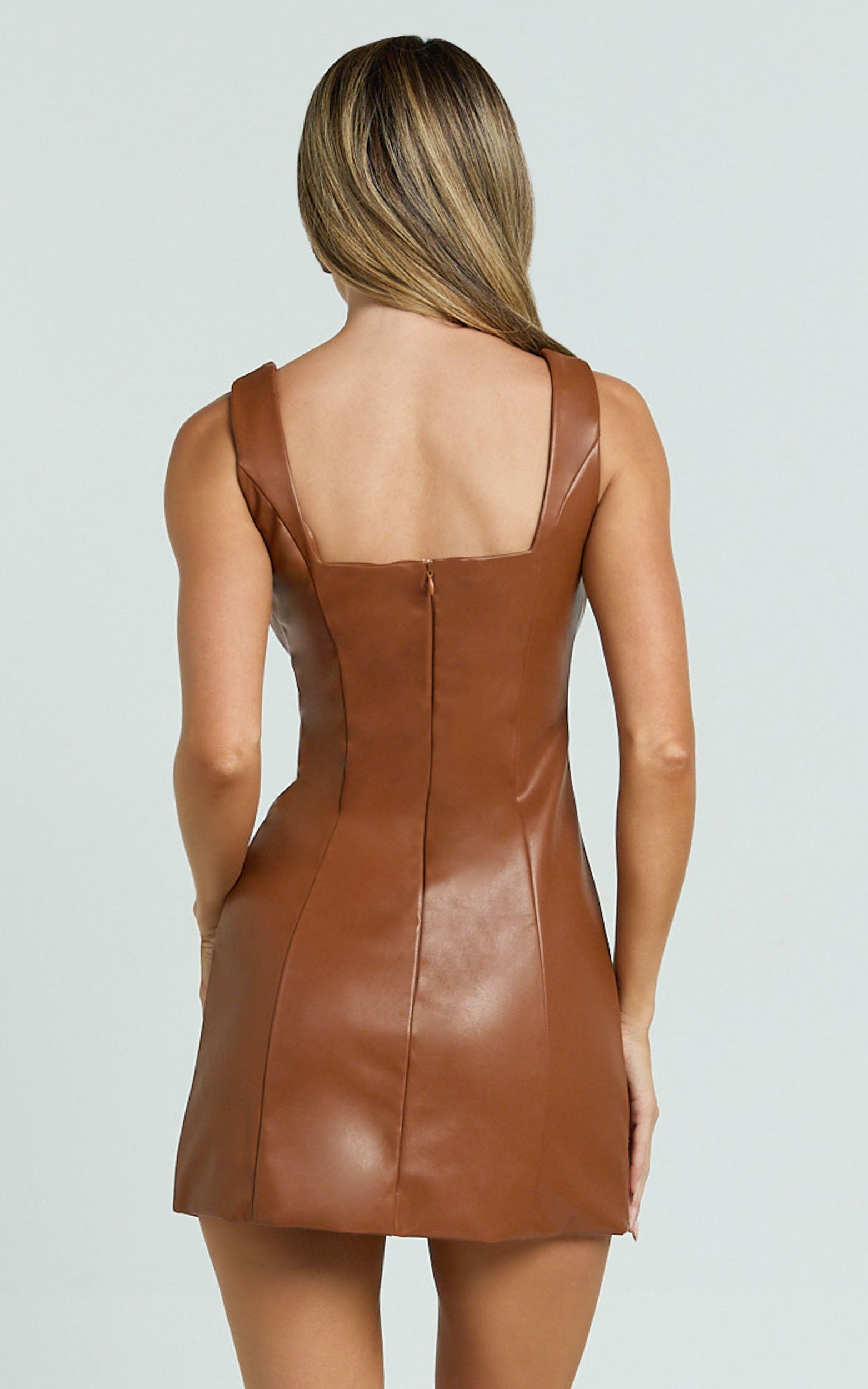 Nami Mini Dress - Faux Leather Square Neck Gold Button Dress in Camel