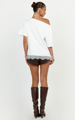 Lyra Top - Asym Lace Trim Tee in White