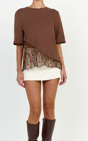Abby Top - Asym Tee with Lace Trim in Chocolate