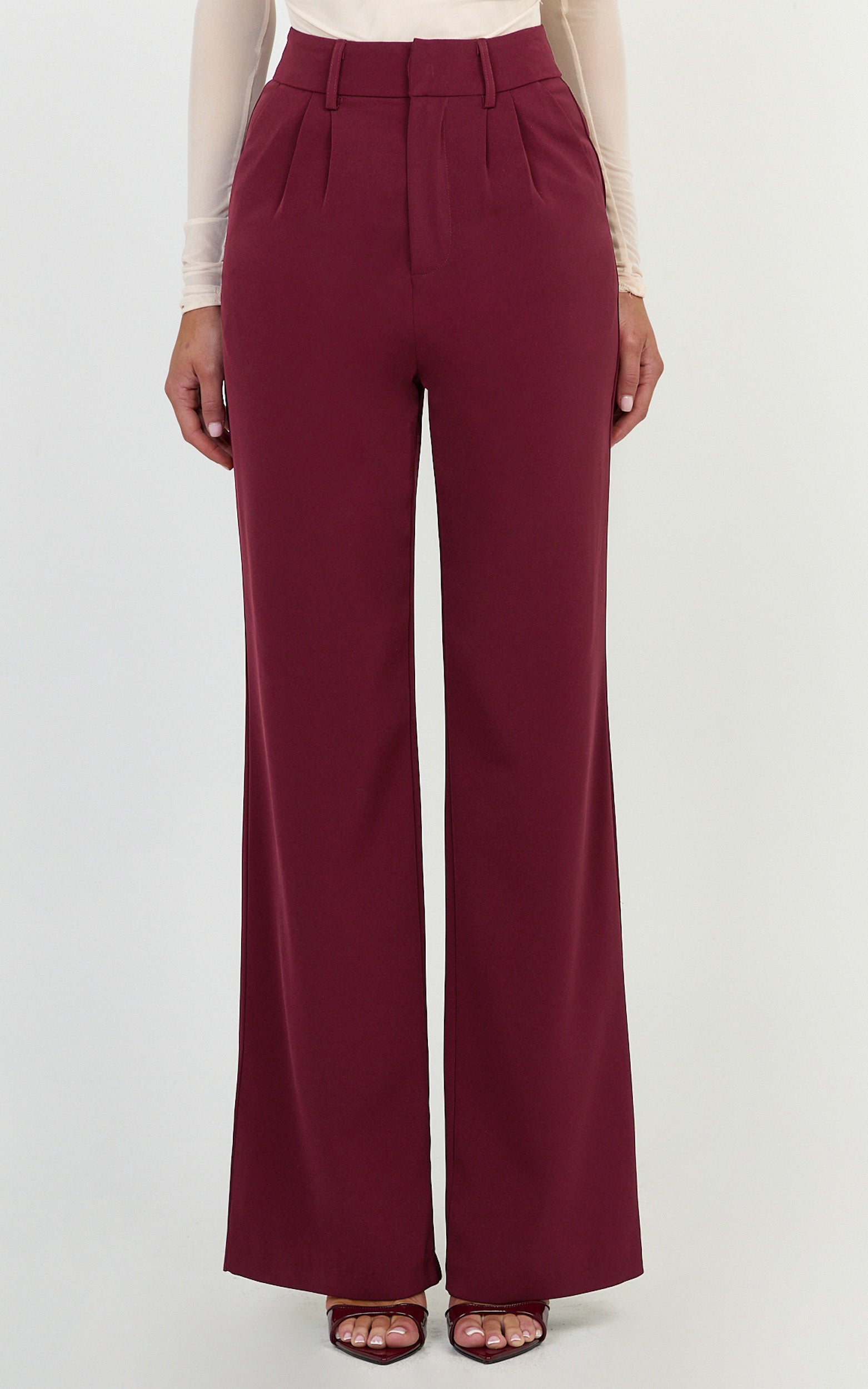 Melissa Pants - Pleat Front Wide Leg Tailored Pants in Wine