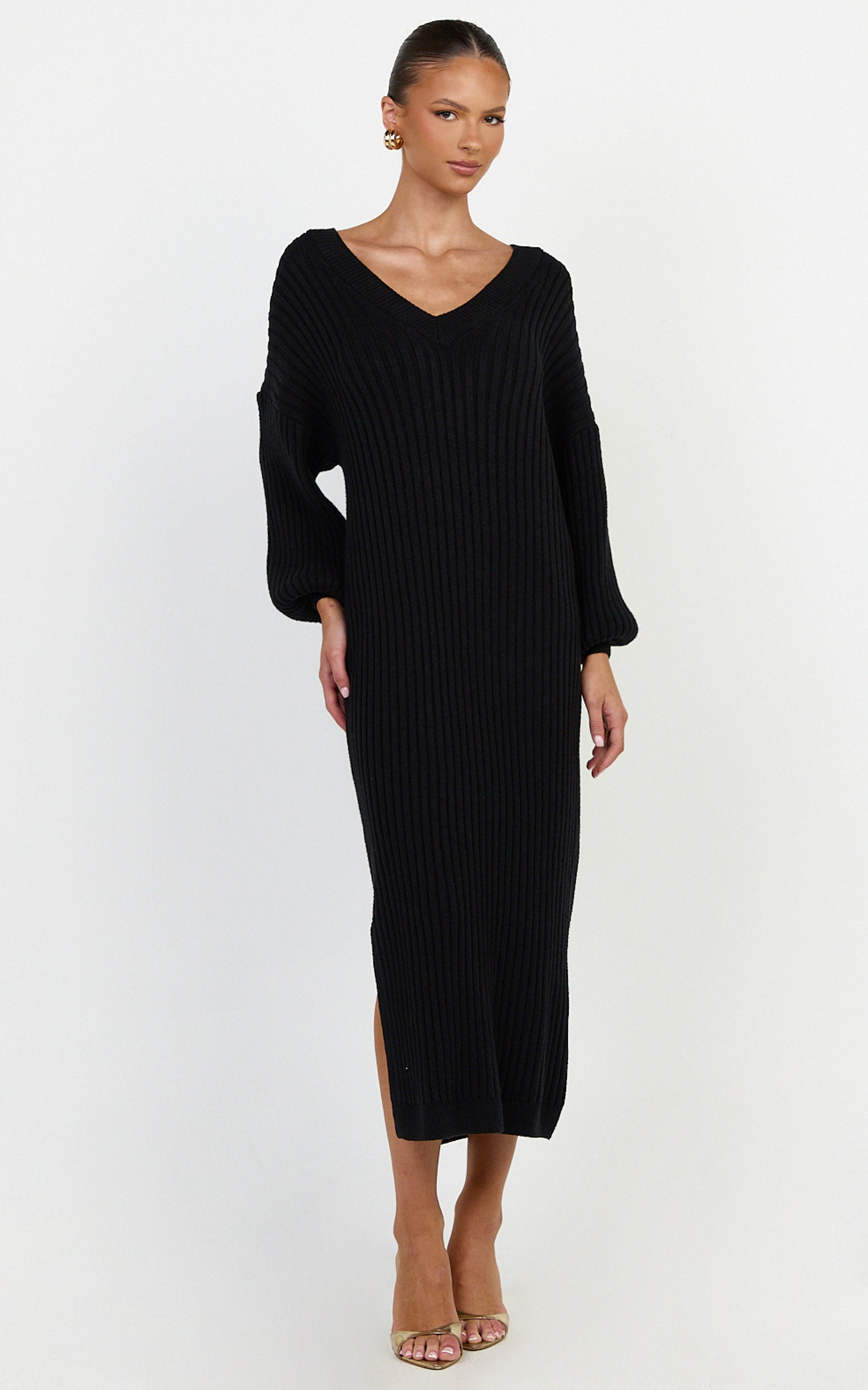 Kartia Midi Dress - V Neck Knit Dress in Black