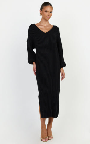 Kartia Midi Dress - V Neck Knit Dress in Black