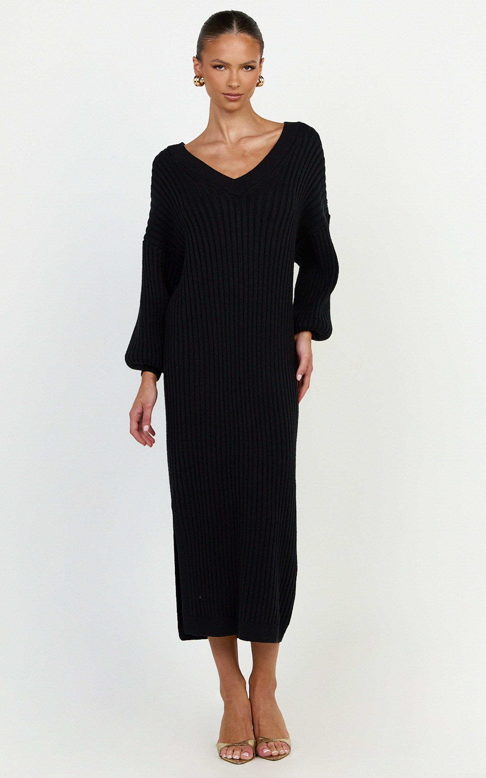 Kartia Midi Dress - V Neck Knit Dress in Black