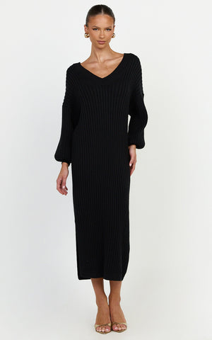 Kartia Midi Dress - V Neck Knit Dress in Black