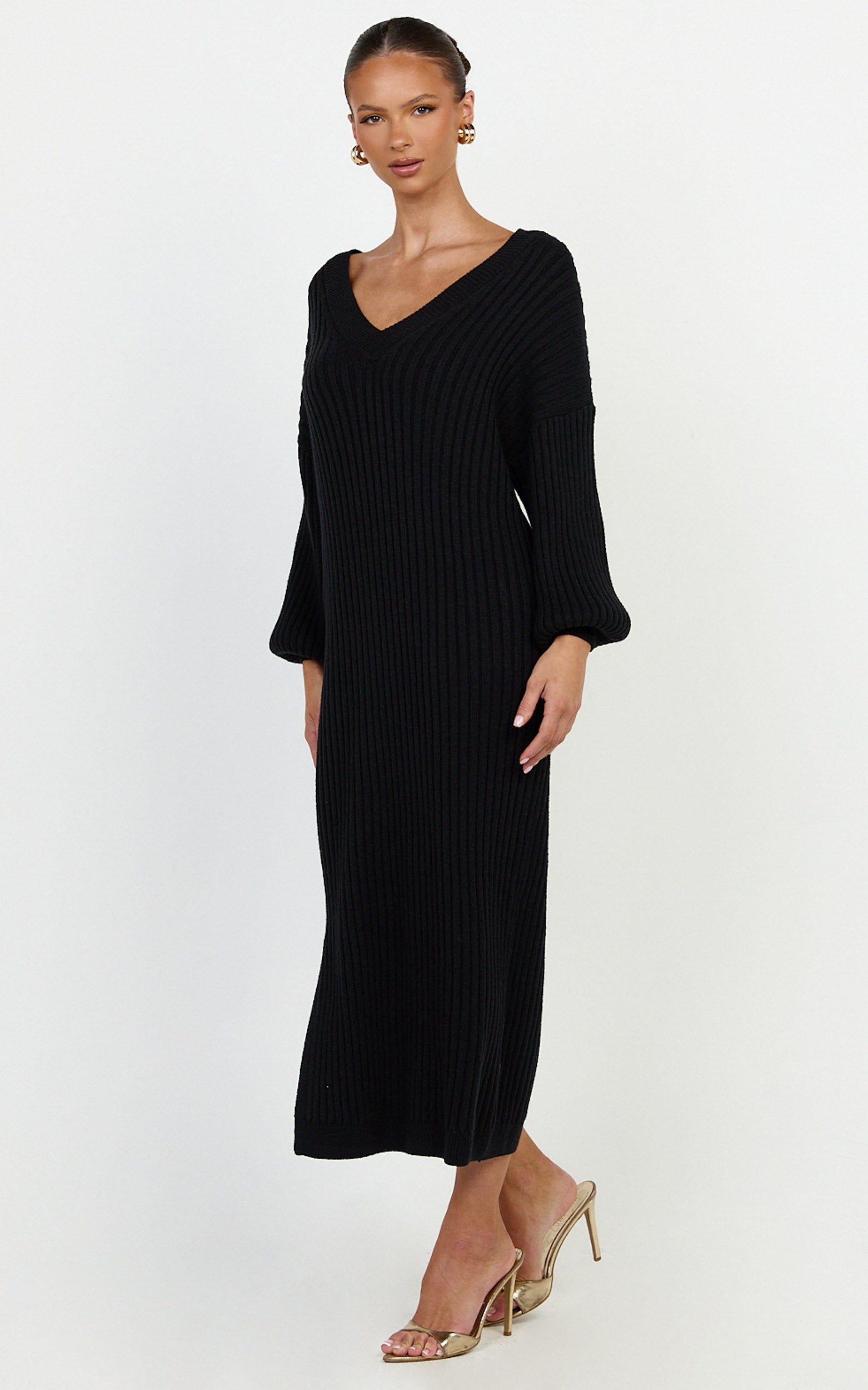 Kartia Midi Dress - V Neck Knit Dress in Black