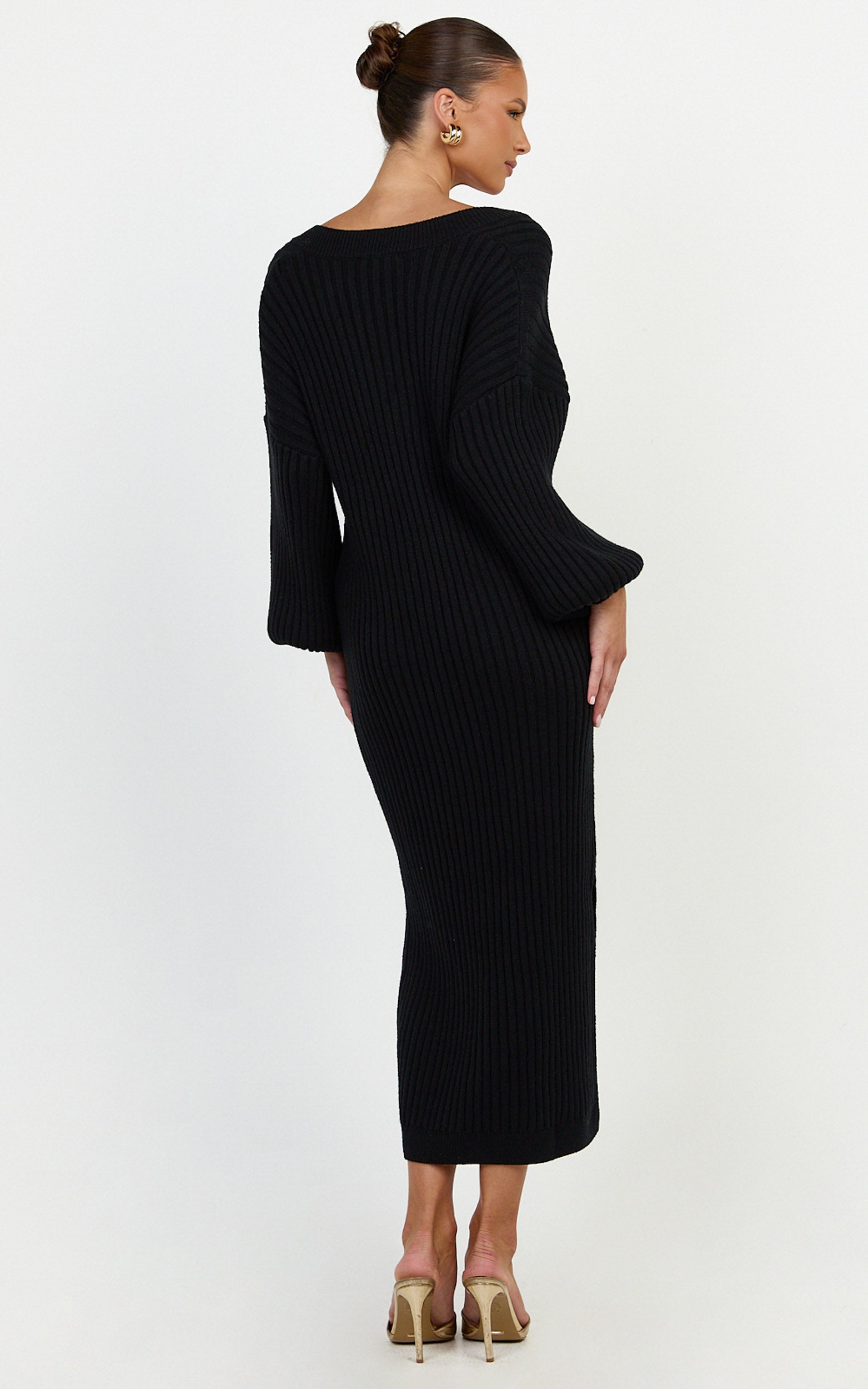 Kartia Midi Dress - V Neck Knit Dress in Black
