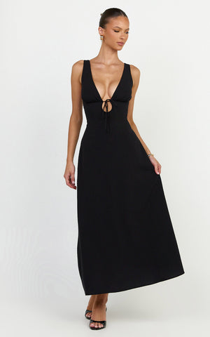 Silvena Midi Dress - V Neck Tie Front A Line Dress in Black