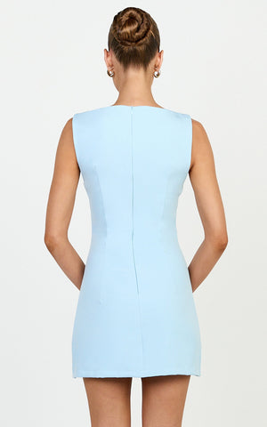 Adela Mini Dress - Mock Button Thru Boat Neck Dress in Baby Blue
