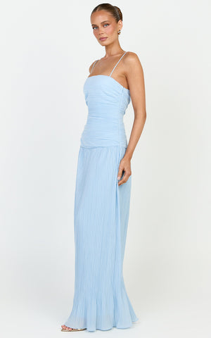 Ashlee Maxi Dress - Strapless Plisse Dropped Waist Split Leg Dress in Light Blue