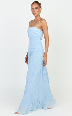 Ashlee Maxi Dress - Strapless Plisse Dropped Waist Split Leg Dress in Light Blue