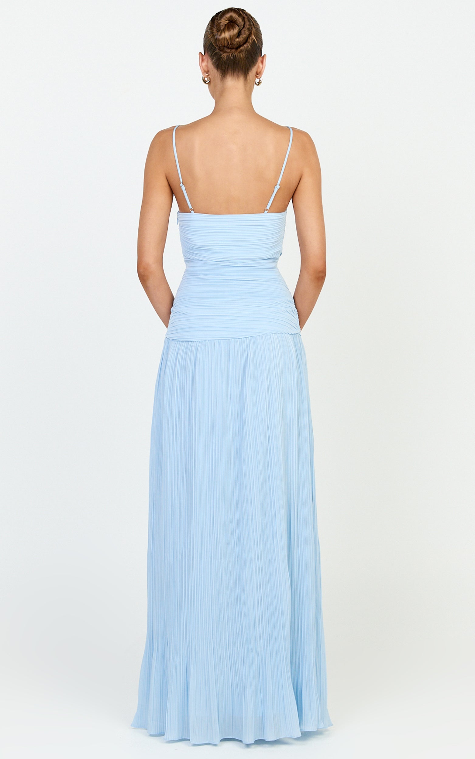 Ashlee Maxi Dress - Strapless Plisse Dropped Waist Split Leg Dress in Light Blue