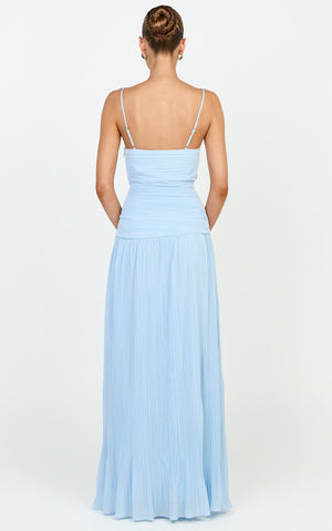Ashlee Maxi Dress - Strapless Plisse Dropped Waist Split Leg Dress in Light Blue