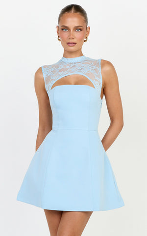 Sia Mini Dress - Cut out Contrast Lace Tulip Skirt Dress in Light Blue