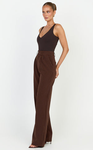 Rose Pants - Stripe Tailored Straight Leg Pants in Dark Chocolate