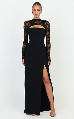 Sia Maxi Dress - Cut Out Lace Contrast Split Leg Dress in Black