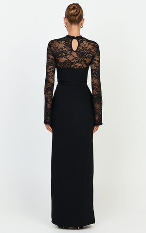 Sia Maxi Dress - Cut Out Lace Contrast Split Leg Dress in Black