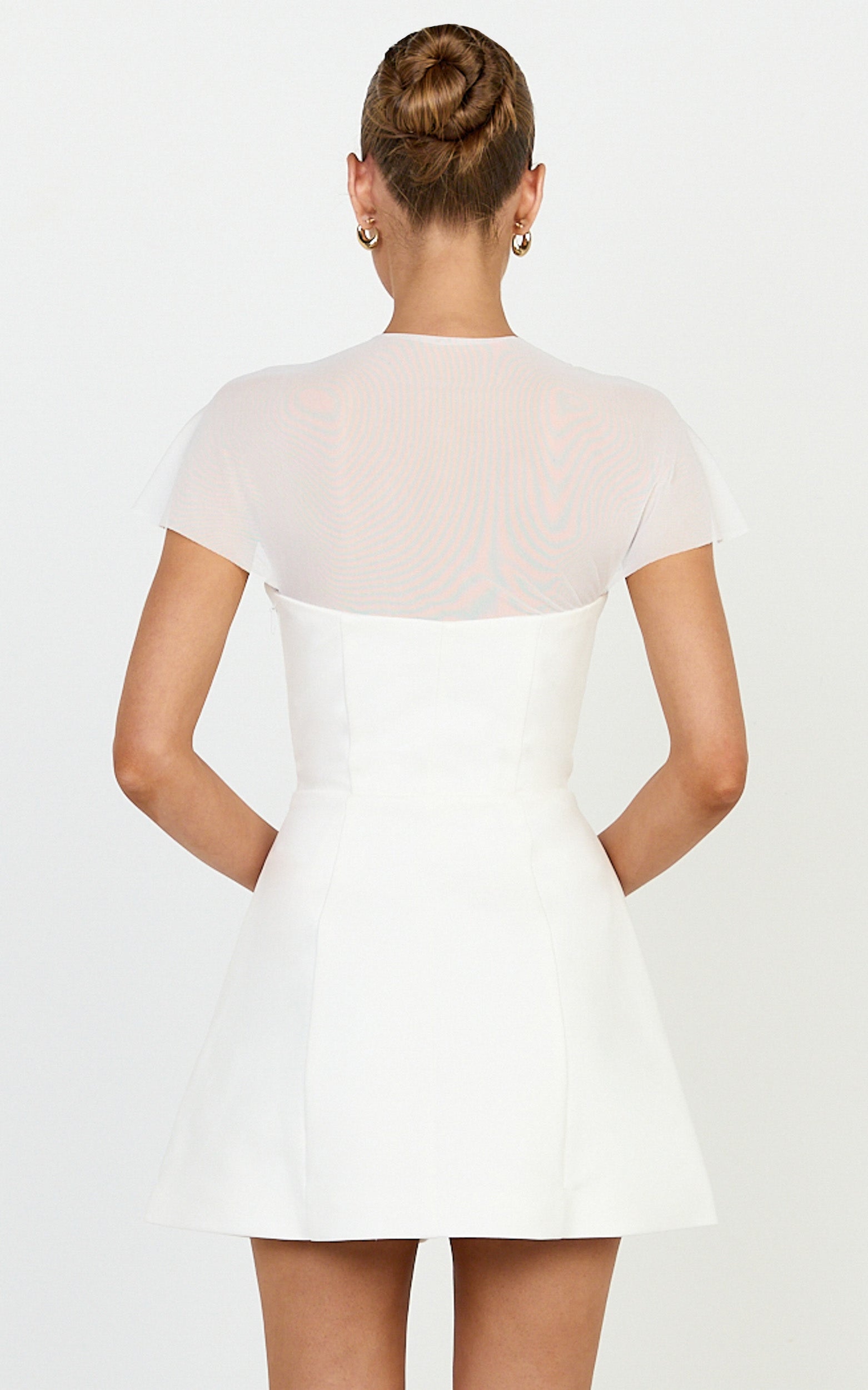 Neve Mini Dress - Sheer Short Sleeve Square Neck Tulip Skirt Dress in Off White