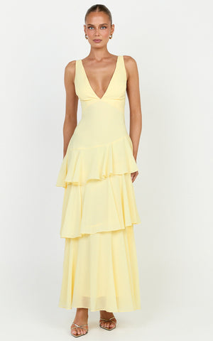 Beryl Midi Dress - Deep V Neck Sleeveless Layered Dress in Lemon