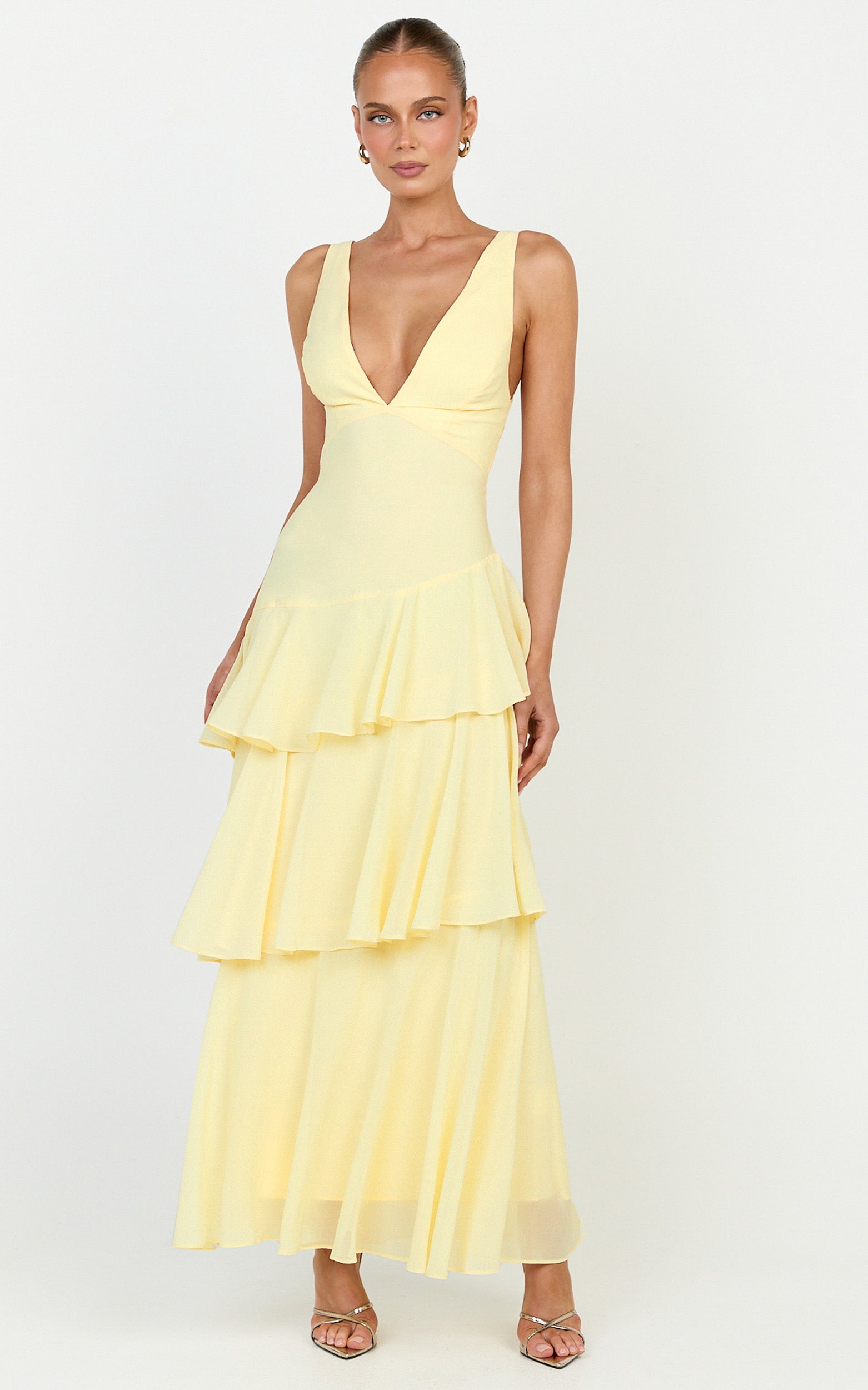 Beryl Midi Dress - Deep V Neck Sleeveless Layered Dress in Lemon
