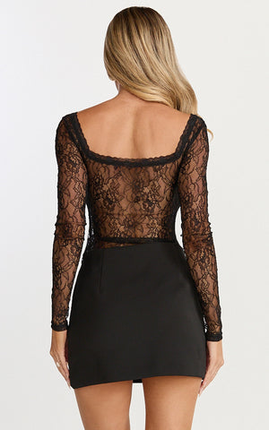 Cynthia Bodysuit - Long Sleeve Lace Bodysuit in Black