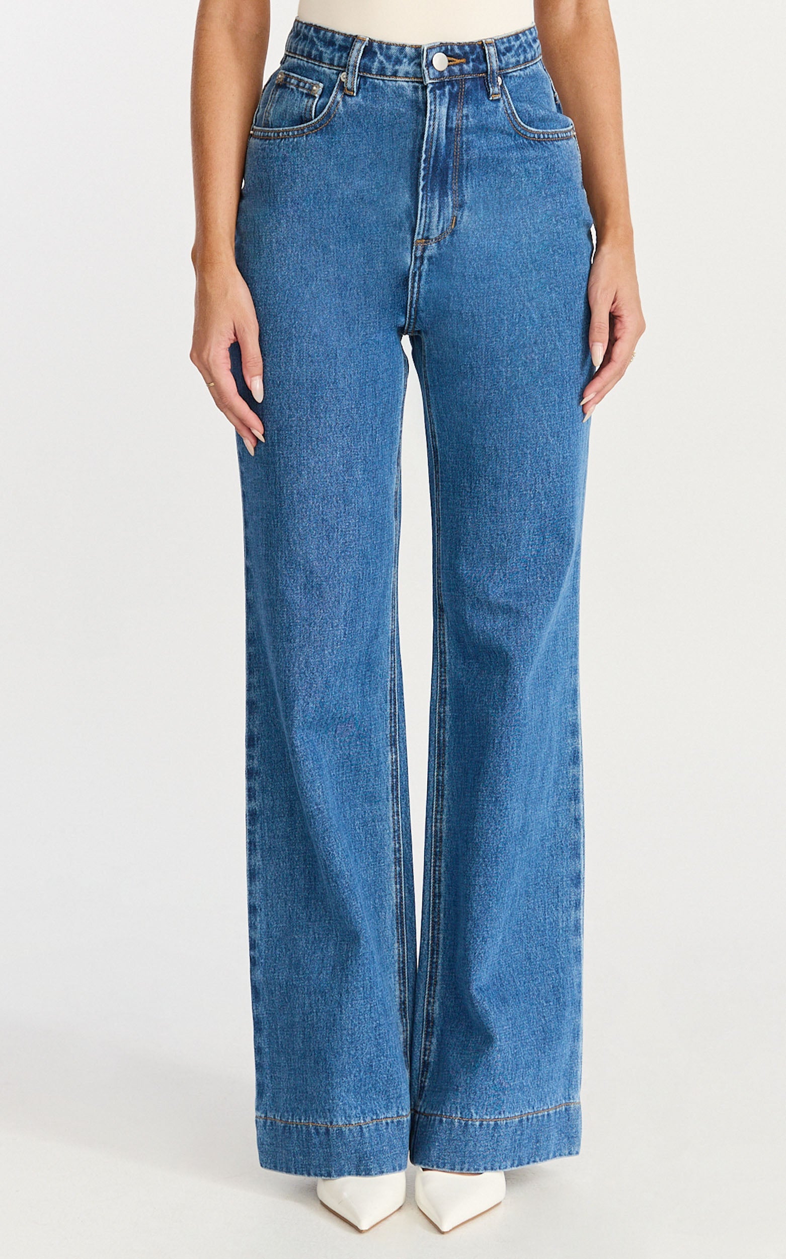 Emman Jeans - High Waisted Cotton Wide Leg Denim Jeans in Dark Blue Wash