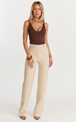Sally Pants - Mid Waisted Straight Leg Tailored Pants in Putty