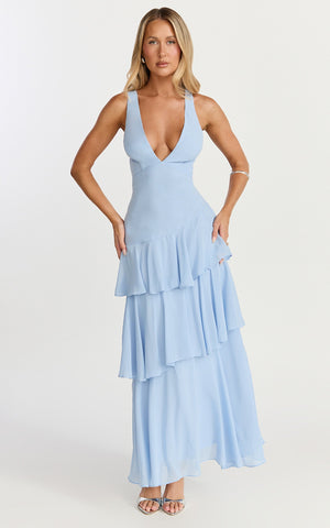 Beryl Midi Dress - Deep V Neck Sleeveless Layered Dress in Blue