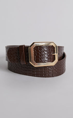 Mason Croc Square Buckle Belt in Chocolate