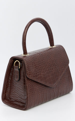 Marilou Bag - Croc Embossed Top Handle Crossbody Bag in Brown
