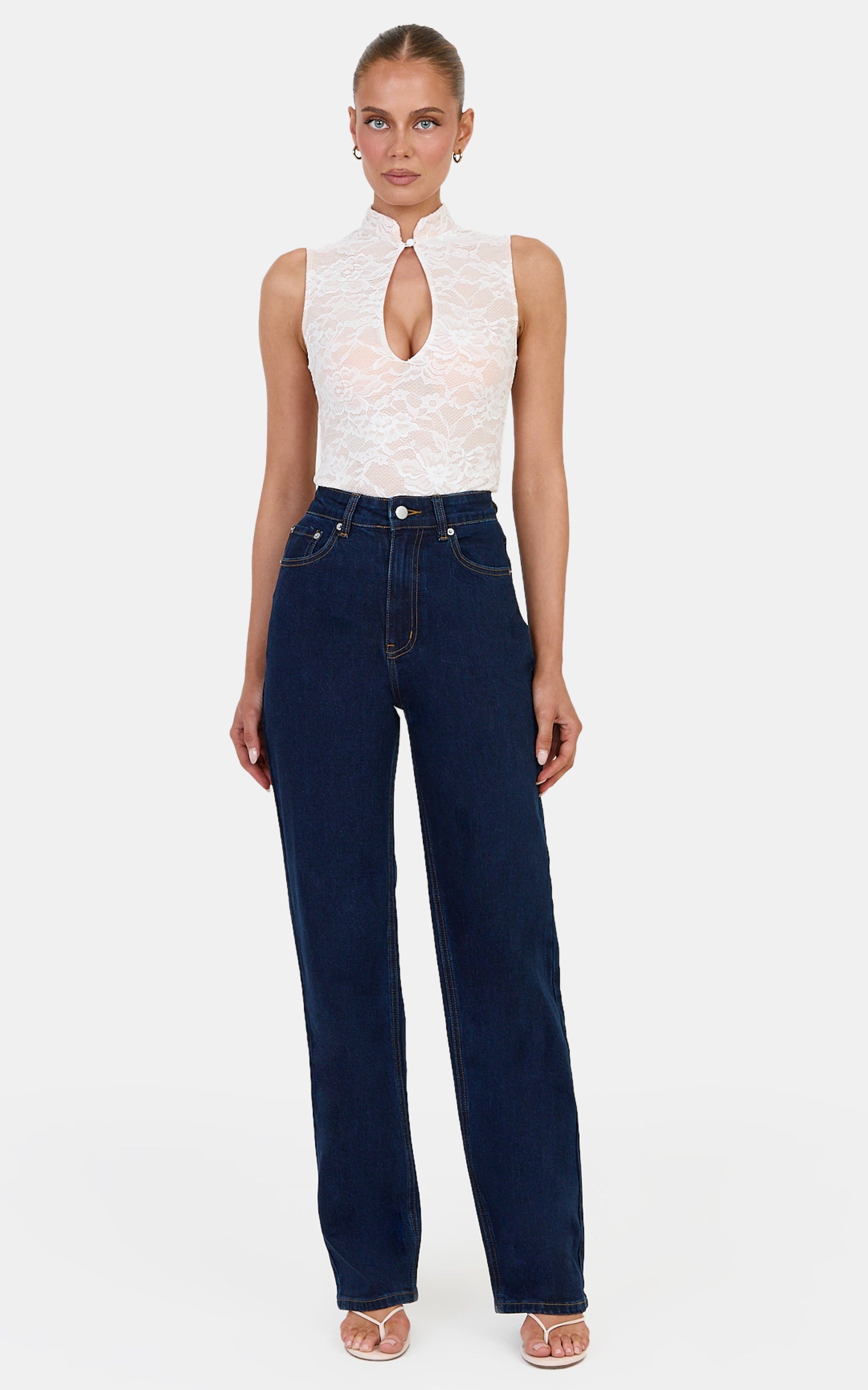 Nyla Bodysuit - Mandarin Collar Keyhole Lace Bodys in White