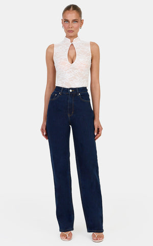 Nyla Bodysuit - Mandarin Collar Keyhole Lace Bodys in White