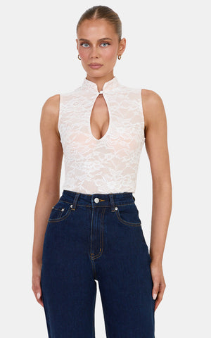 Nyla Bodysuit - Mandarin Collar Keyhole Lace Bodys in White