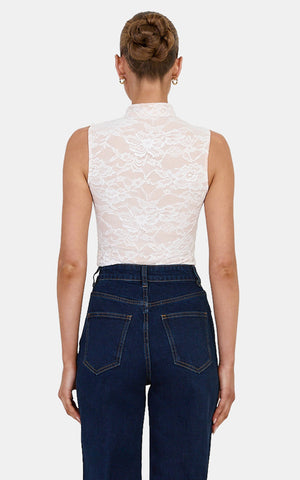 Nyla Bodysuit - Mandarin Collar Keyhole Lace Bodys in White