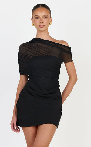 Nami Mini Dress - Overlay Off Shoulder Draped Cowl Waist Dress in Black