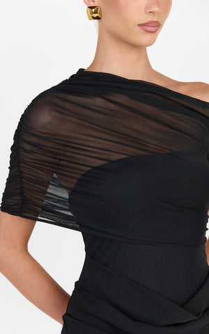 Nami Mini Dress - Overlay Off Shoulder Draped Cowl Waist Dress in Black