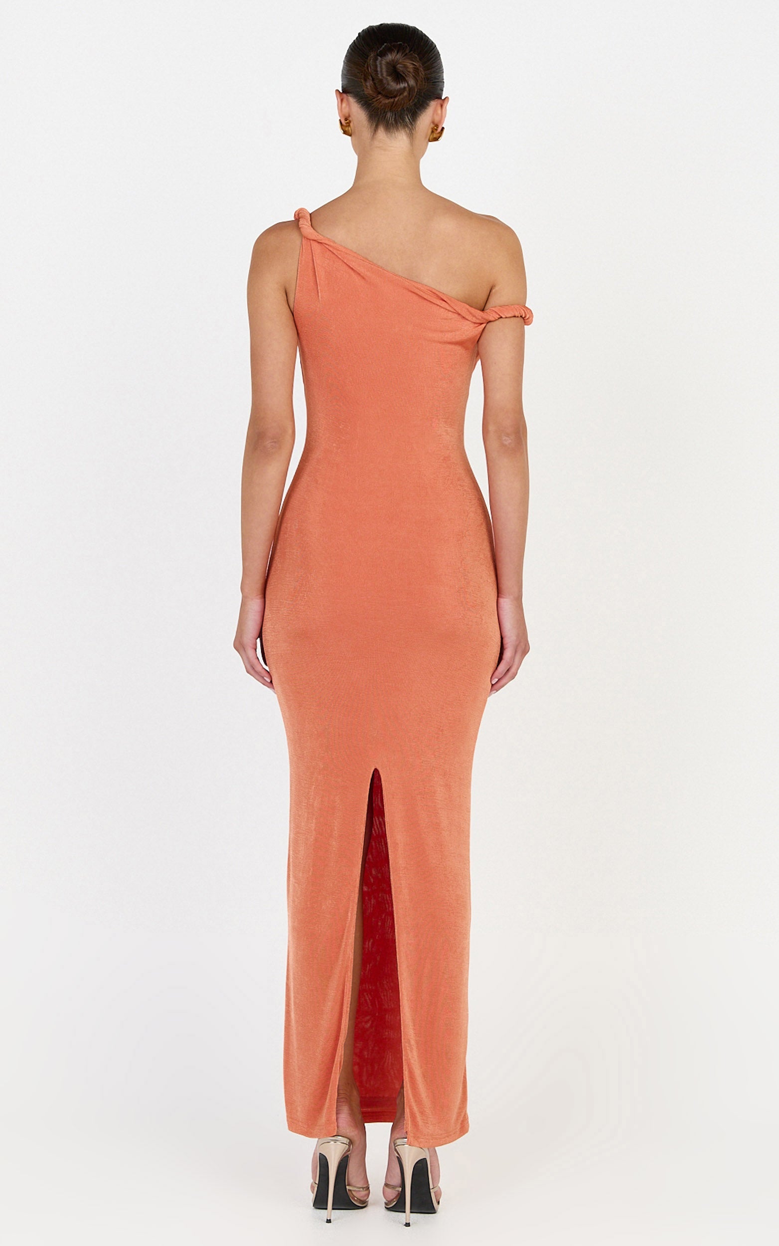 Isabel Midi Dress - Twist Off Shoulder Bodycon Dress in Coral