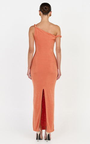 Isabel Midi Dress - Twist Off Shoulder Bodycon Dress in Coral