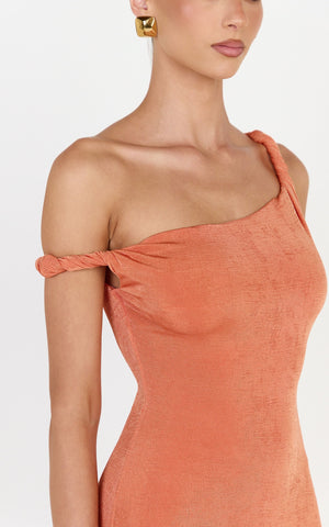 Isabel Midi Dress - Twist Off Shoulder Bodycon Dress in Coral