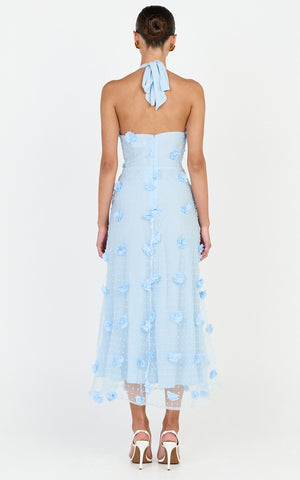 Azalea Midi Dress - Halter Neck 3D Floral Fit And Flare Dress in Blue