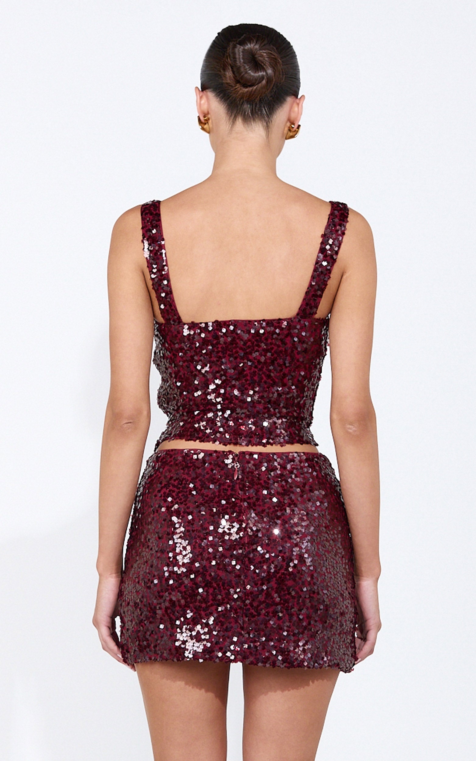 Almira Top - Square Neck Sequin Top in Wine