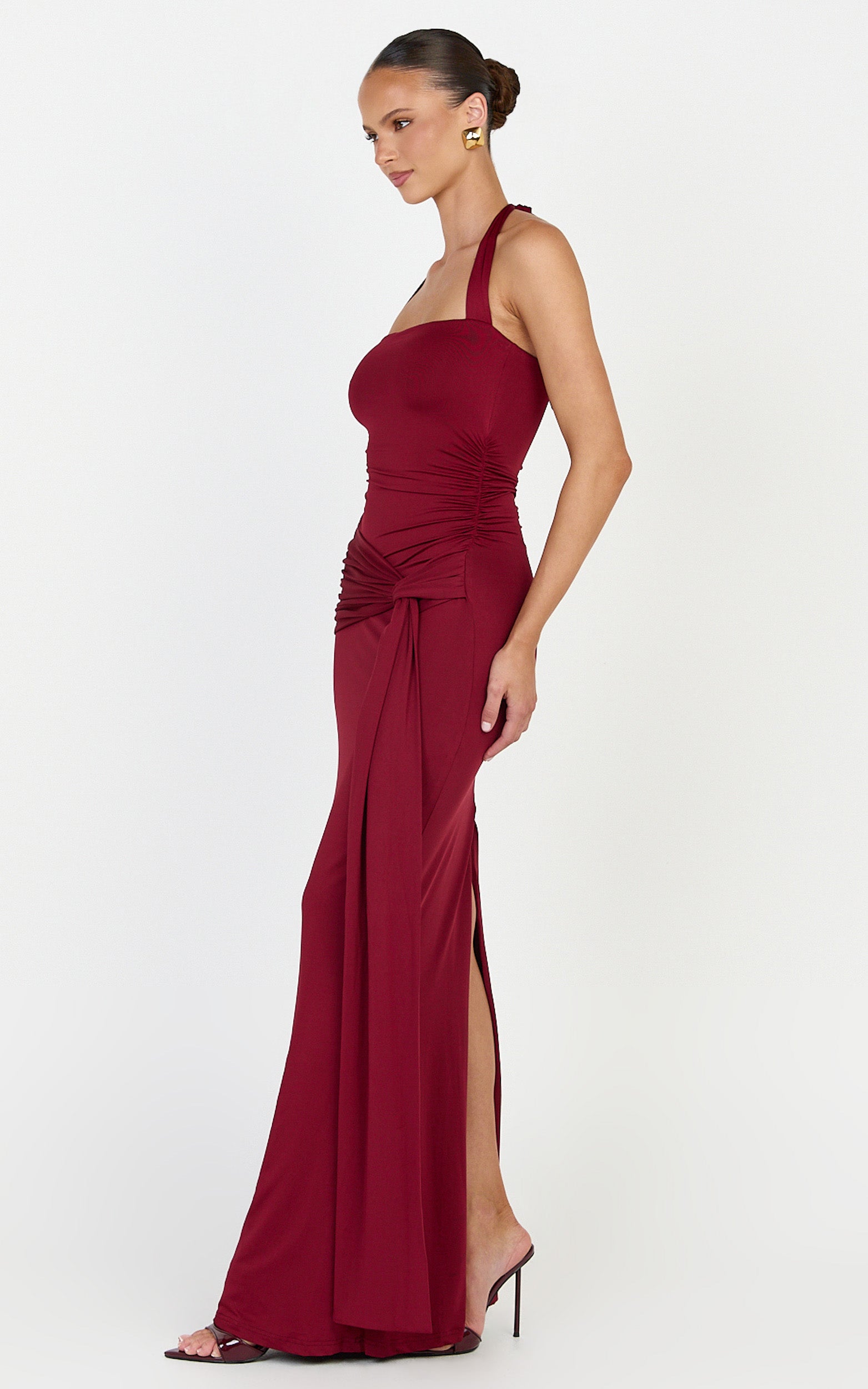 Amaya Maxi Dress - Draped Sash Halter Dress in Burgundy
